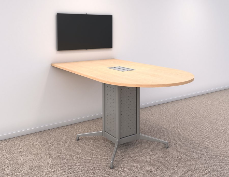 Media table bases by Gibraltar are used in businesses where plugsand cables can be stored for workstations and video conferencing setups.