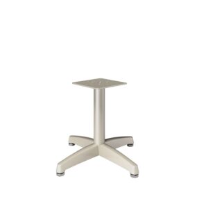 An oocasional table base, DuraCast series. Features a square top support with four extensions from the long stand, each with a wheel attached to the bottom.