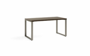 A long desk table with O Legs as the support. O legs are large and rectangular